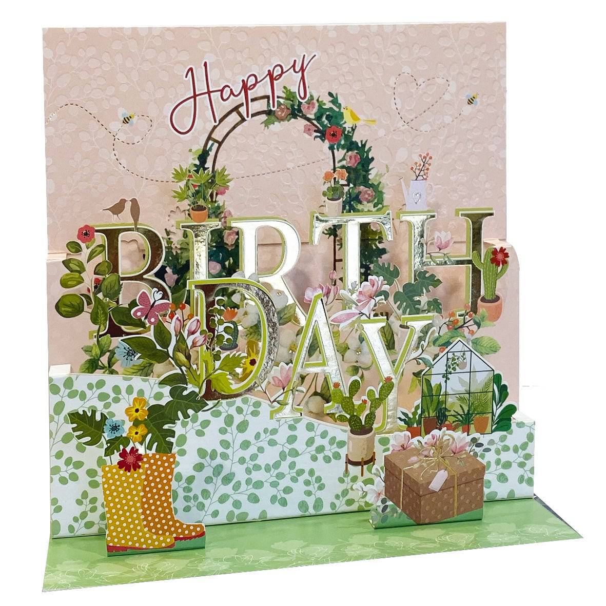 Pictura Bucolic Birthday large pop-up card featuring a scenic countryside design with vibrant floral and nature elements.